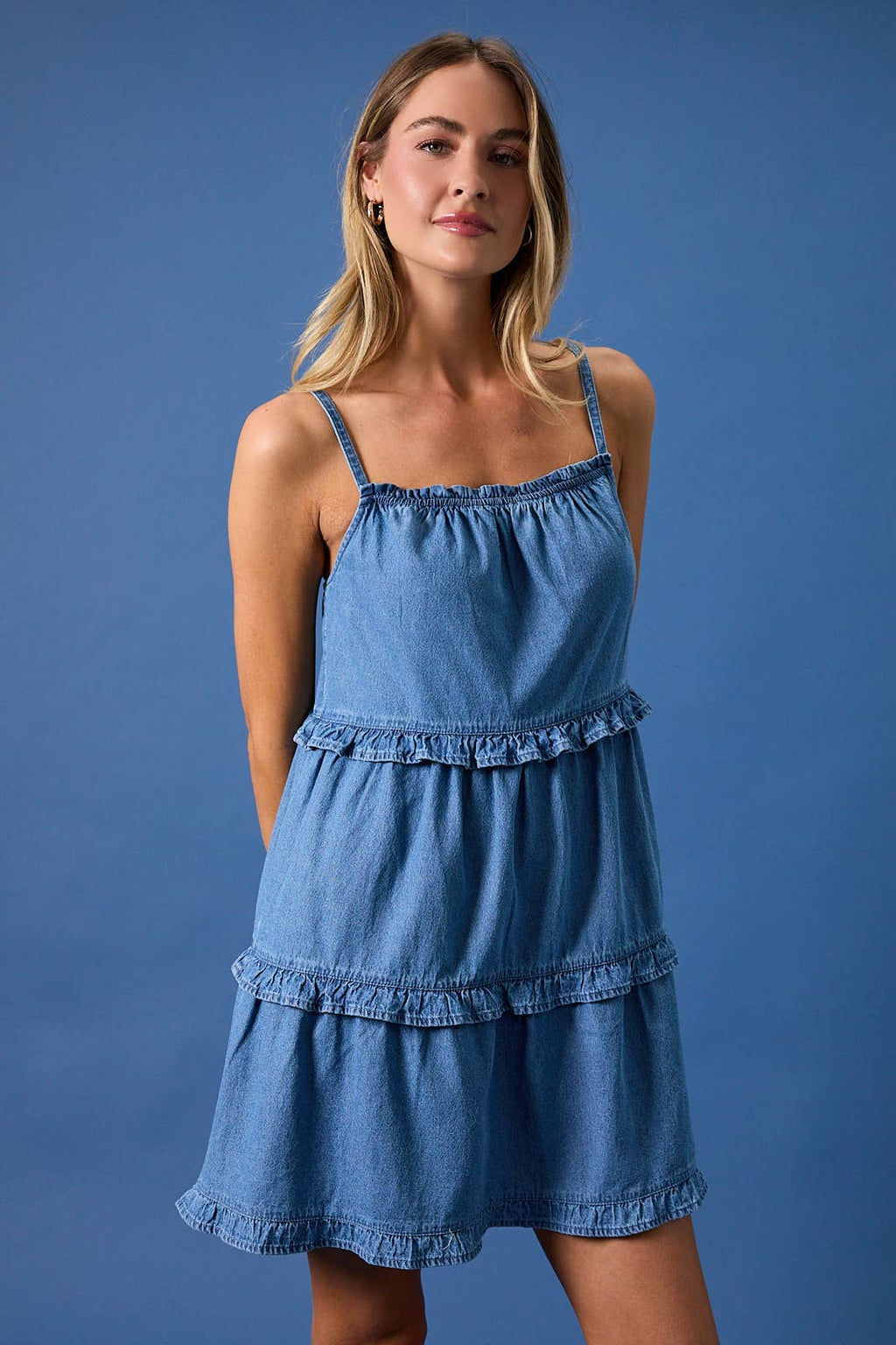 Sunday Edition by LE LIS - SLEEVELESS RUFFLE DETAIL DENIM MINI DRESS