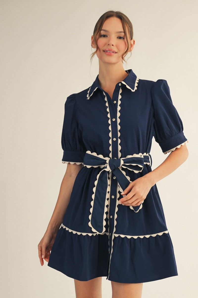 Jodifl Navy Scallop Trim Button Down Babydoll Dress