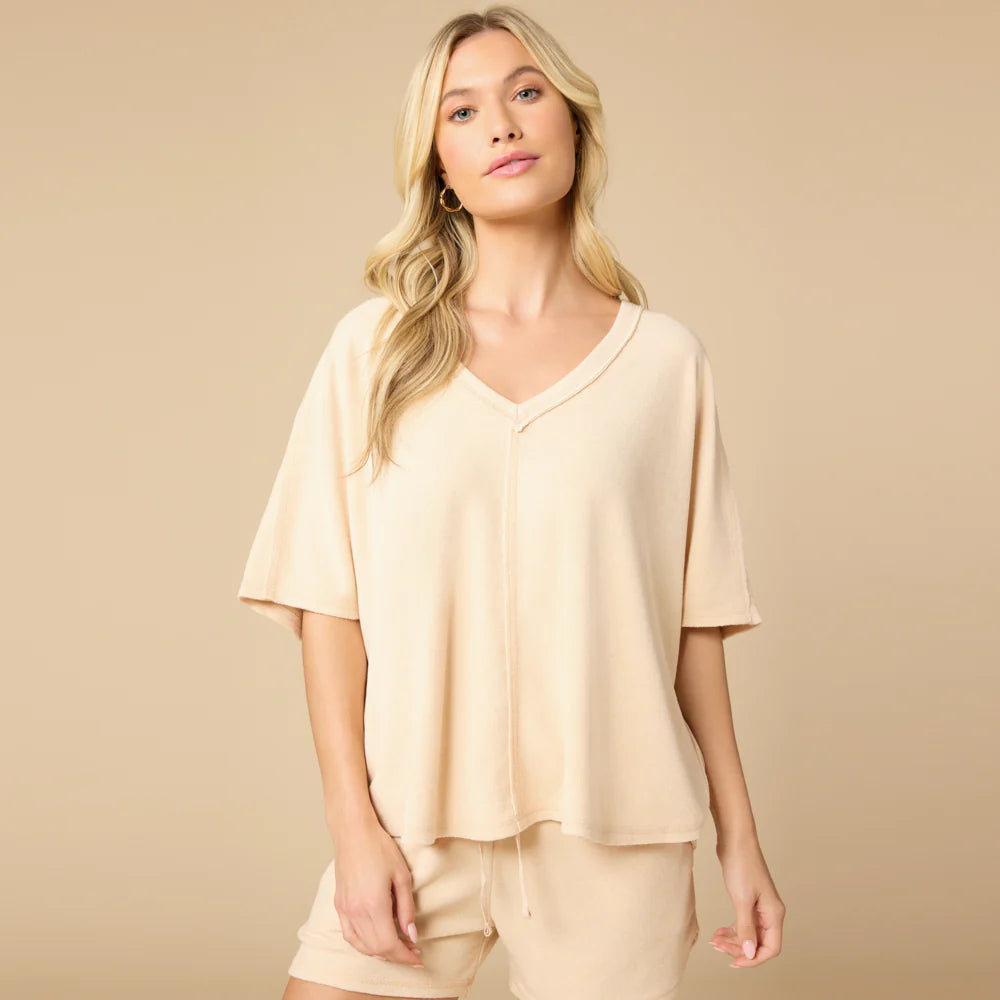 Softies Terry Relaxed V-neck with Short Set in Warm Sand
