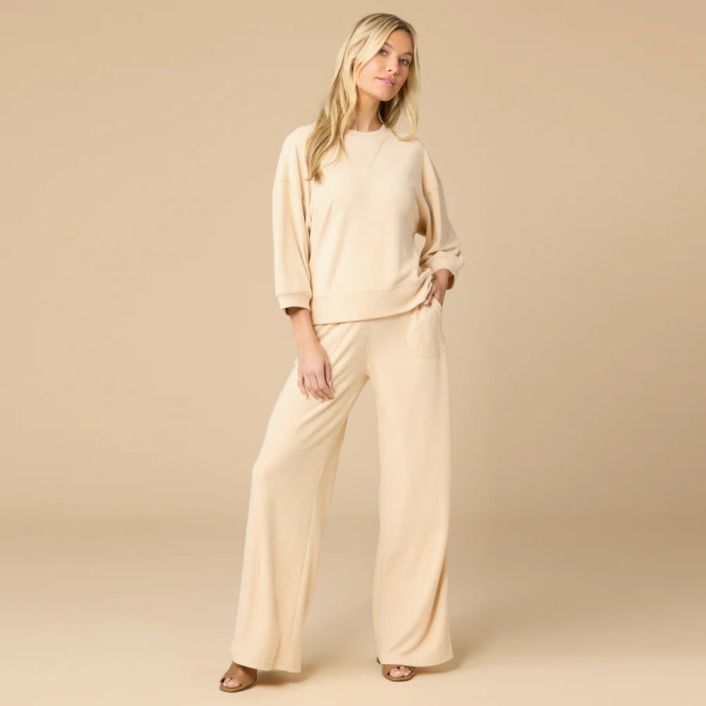 Softies Terry Cropped Sleeve Crew Neck with Wide Leg Pant Warm Sand