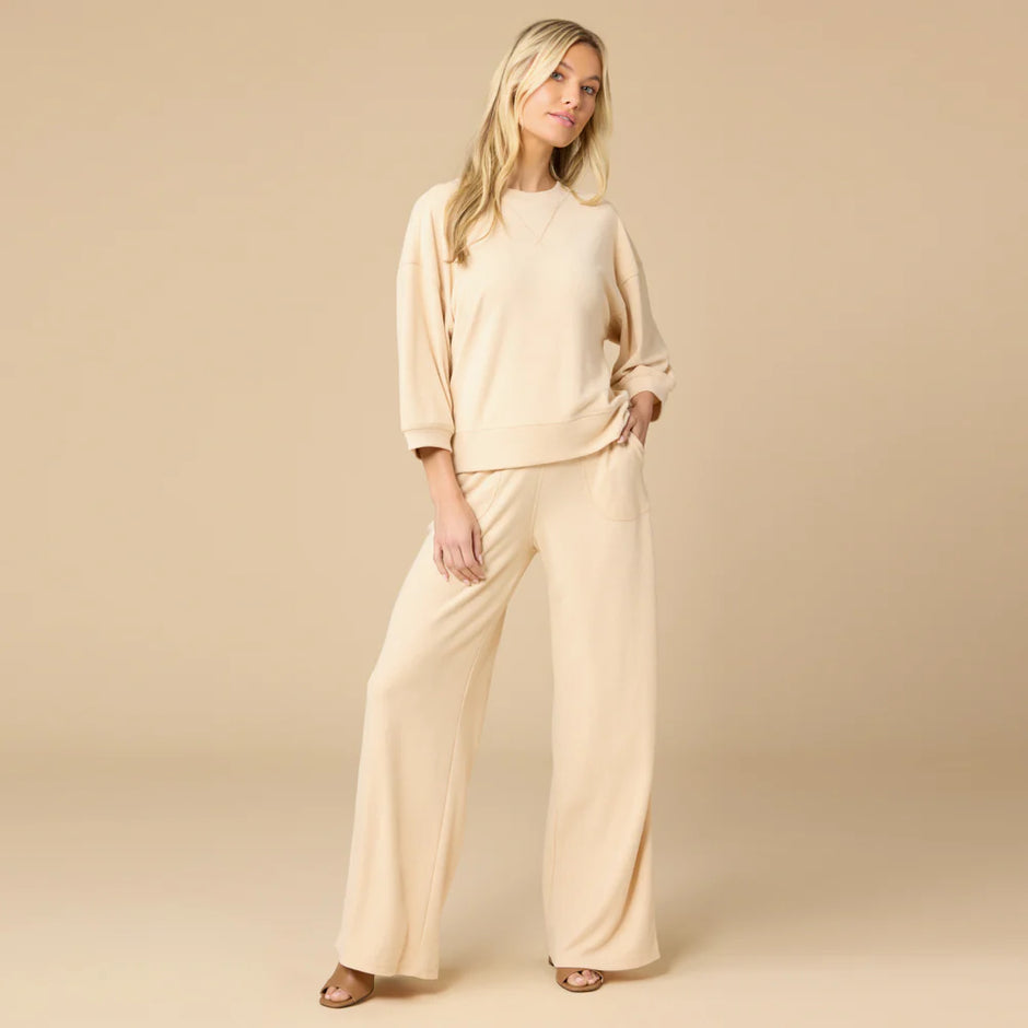 Softies Terry Cropped Sleeve Crew Neck with Wide Leg Pant Warm Sand