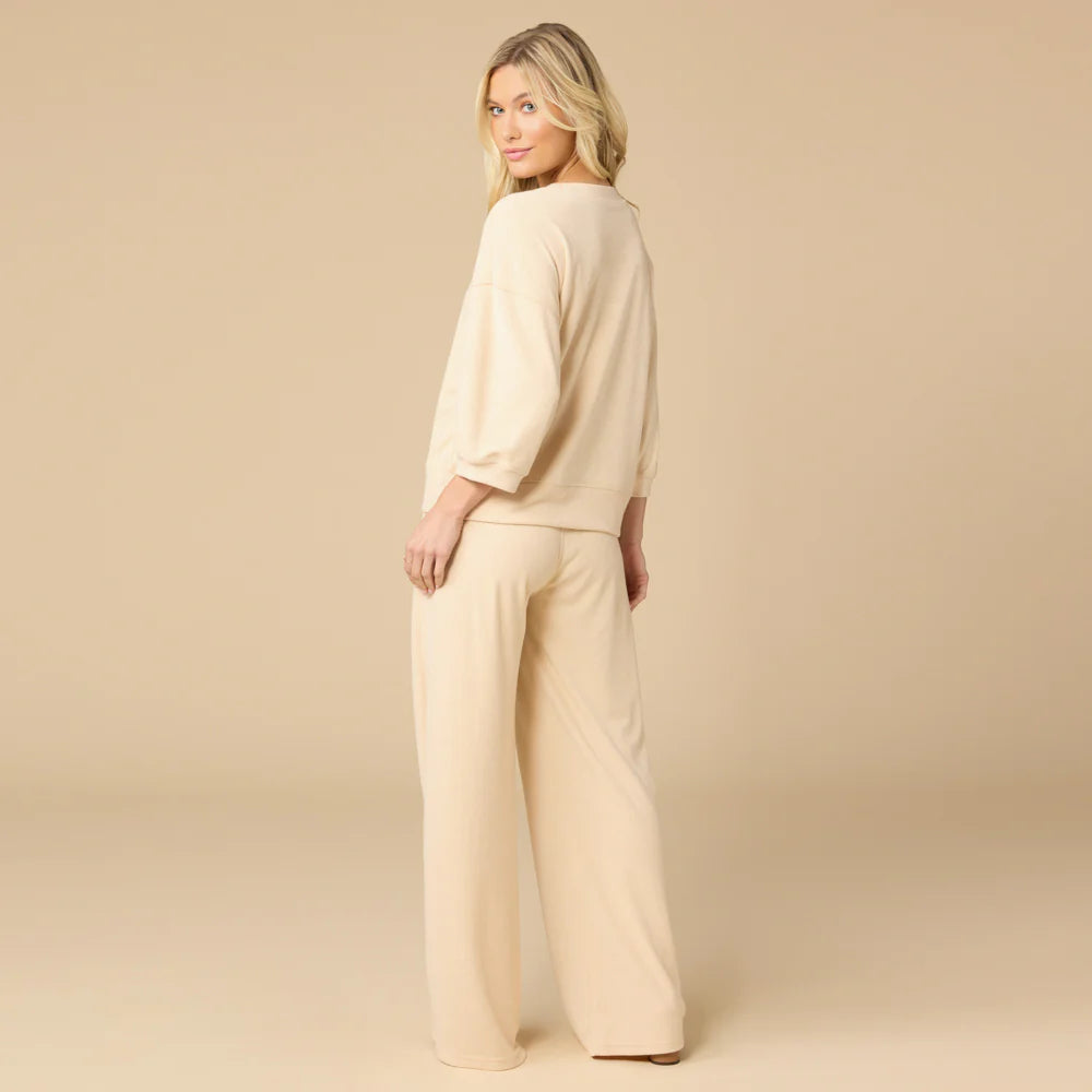 Softies Terry Cropped Sleeve Crew Neck with Wide Leg Pant Warm Sand