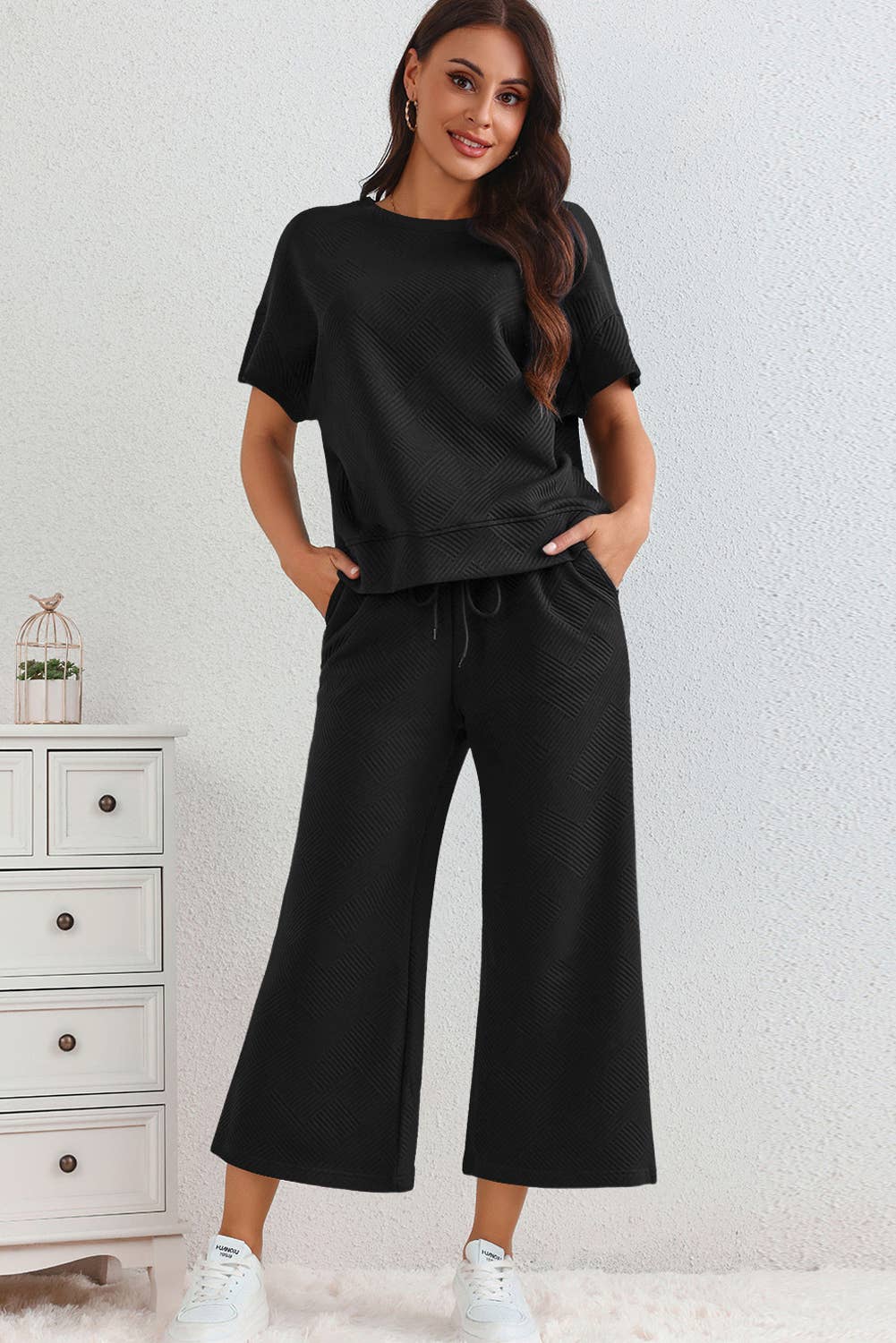 LA Society - LAS Textured Loose T Shirt and Drawstring Pants Set