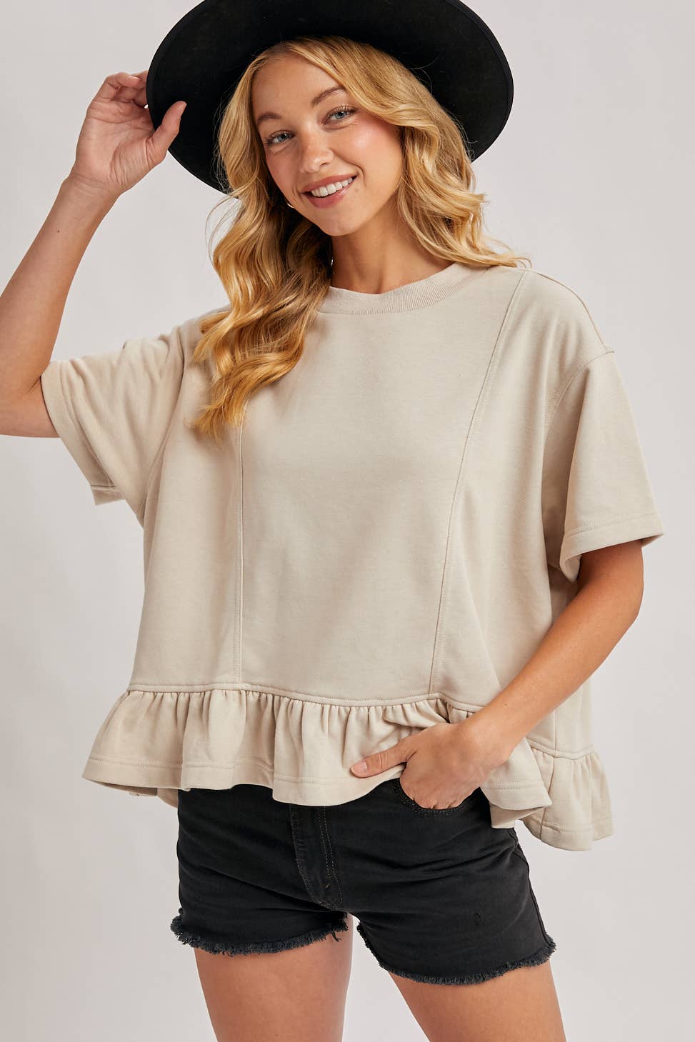 Bluivy - RUFFLED PEPLUM HEM BOXY SWING KNIT TEE