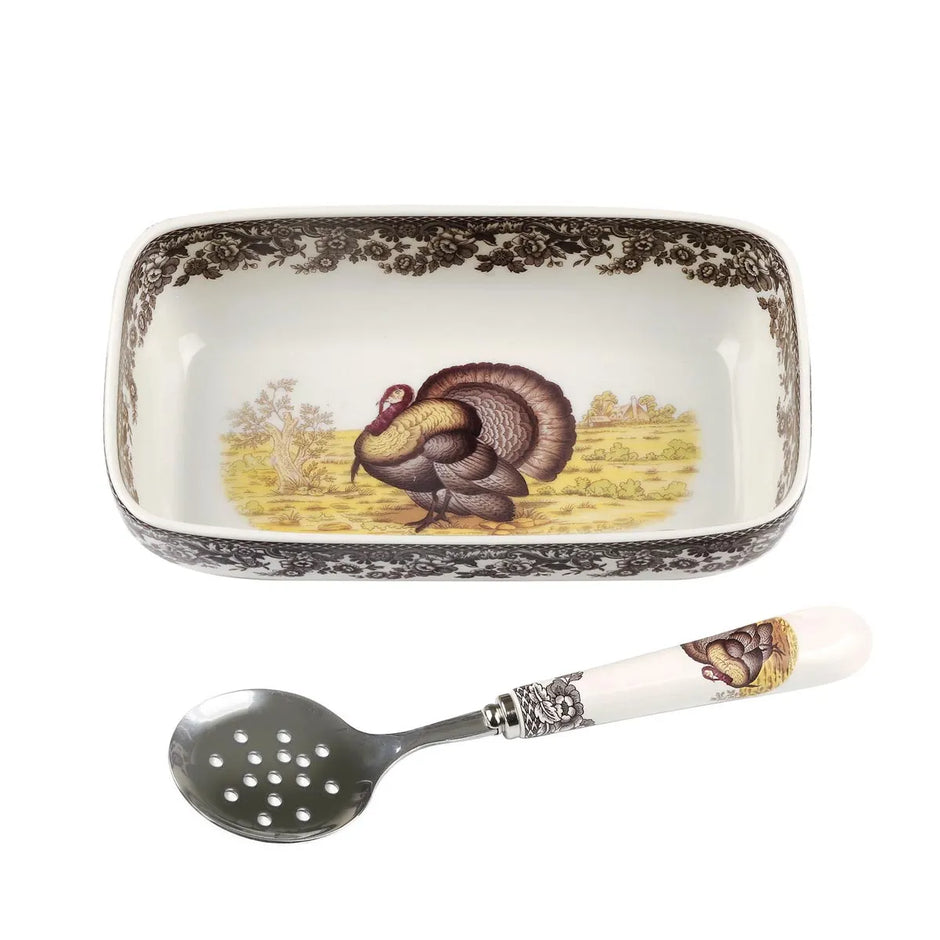 Spode Woodland "Turkey" Cranberry Dish with Slotted Spoon