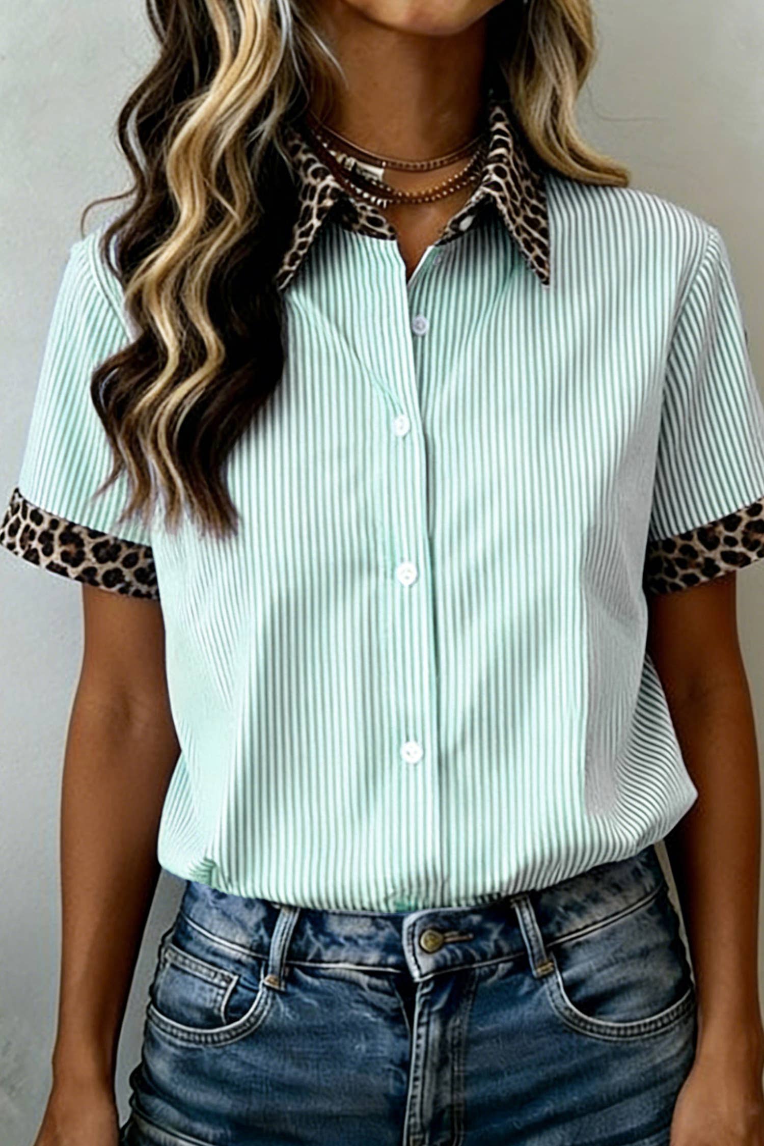 66DISCO - Leopard Trim Striped Button-Down Short Sleeve Shirt (S-XL)