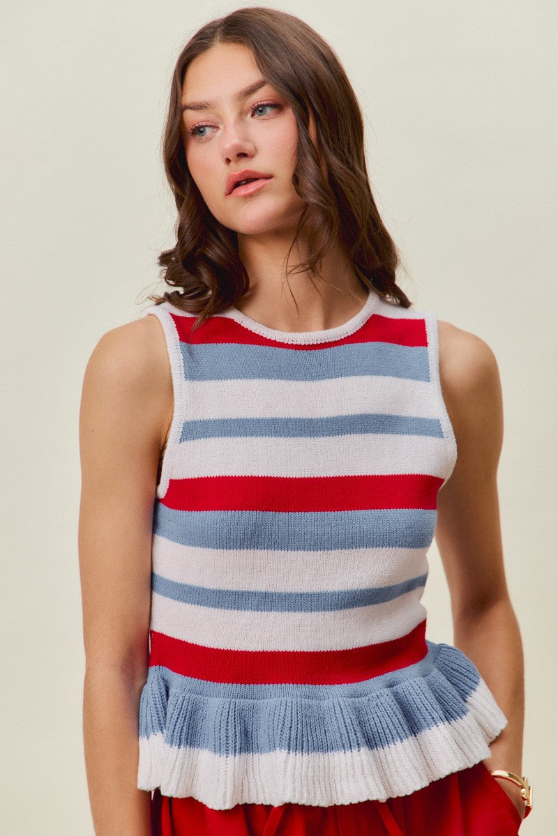 So Me 4th Of July Stripe Ruffle Bottom Sweater Knit Top