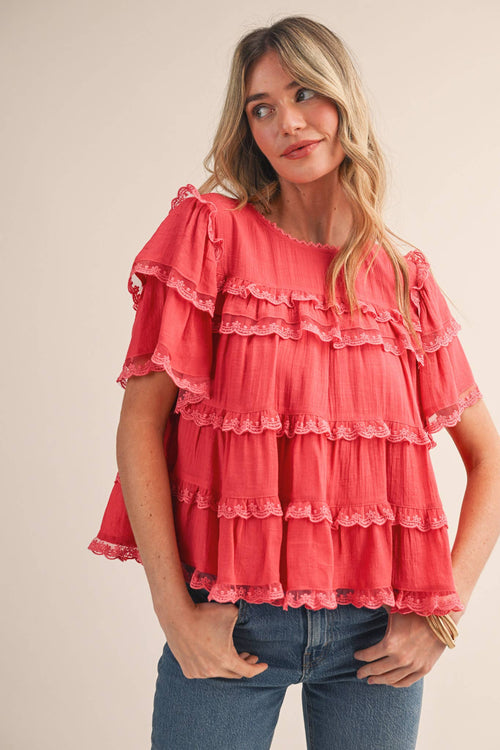 &MERCI - TIERED RUFFLE LACE TRIM SWING TOP Black