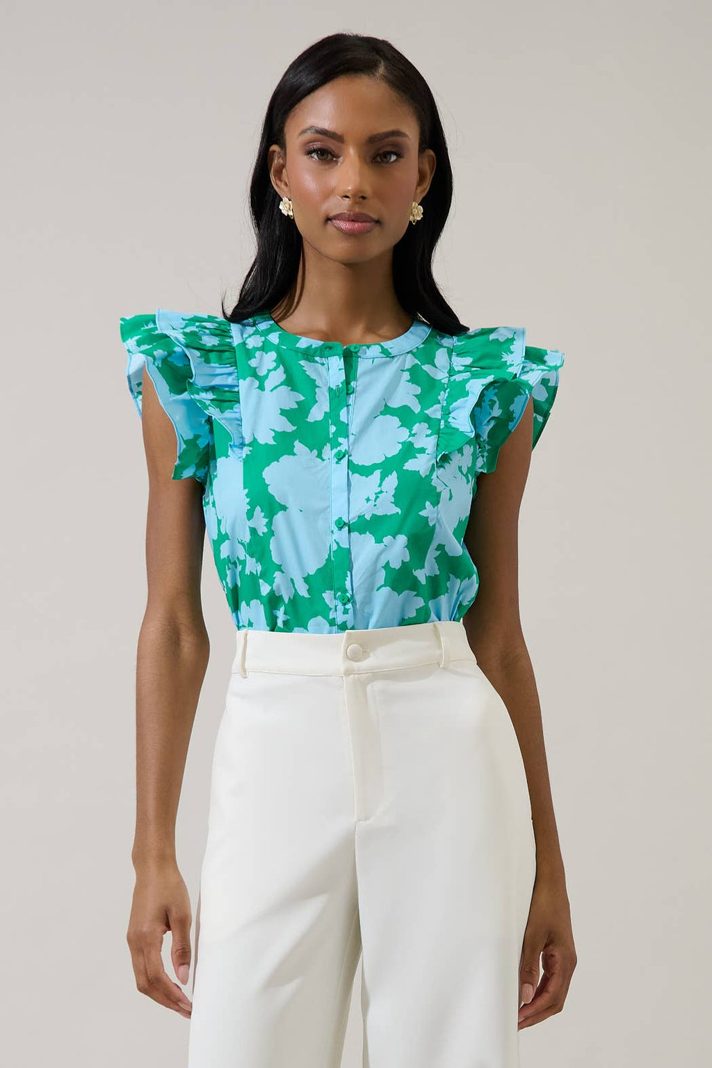 Sugarlips - Riona Floral Sammi Button Down Ruffle Top