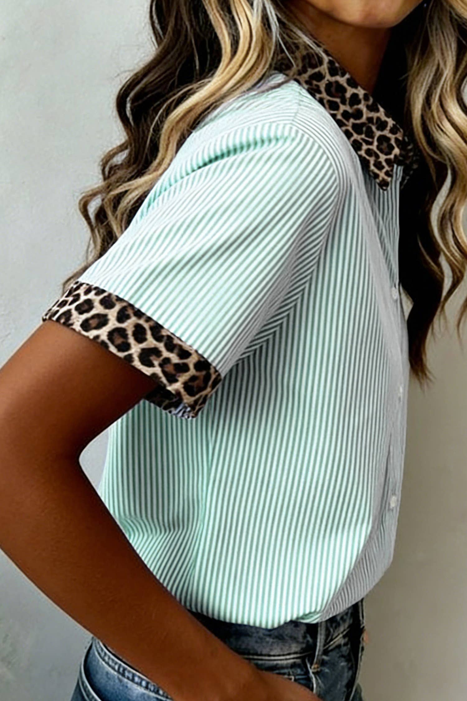 66DISCO - Leopard Trim Striped Button-Down Short Sleeve Shirt (S-XL)