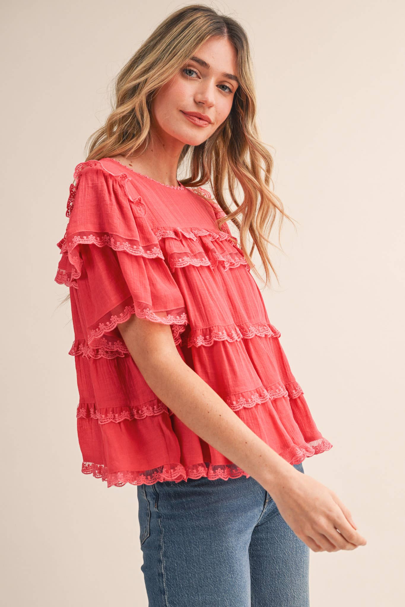 &MERCI - TIERED RUFFLE LACE TRIM SWING TOP Black