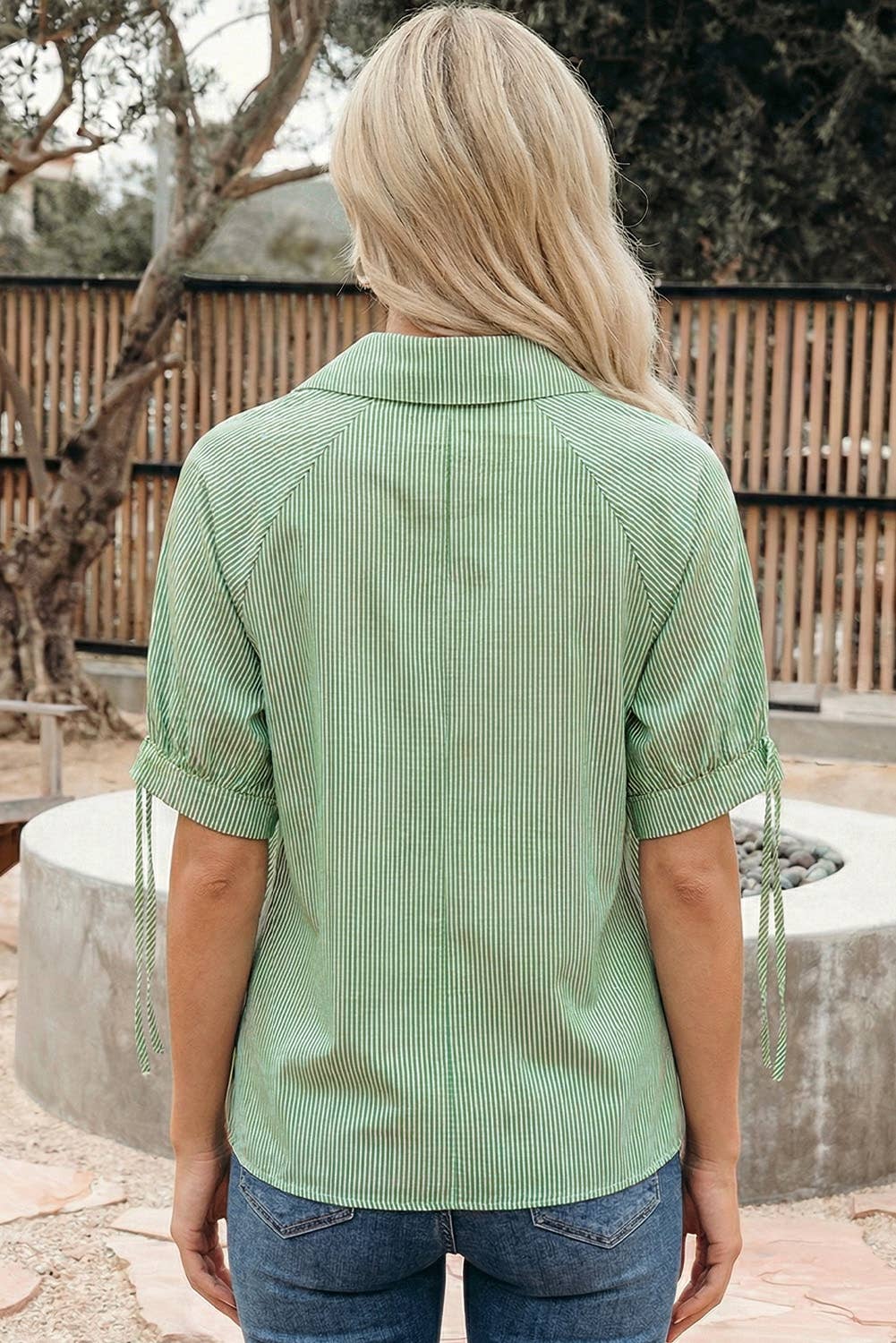 66DISCO - Striped Print Collared Split Neck Half Sleeve Blouse (S-4X)