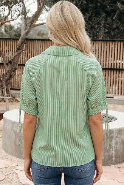 66DISCO - Striped Print Collared Split Neck Half Sleeve Blouse (S-4X)