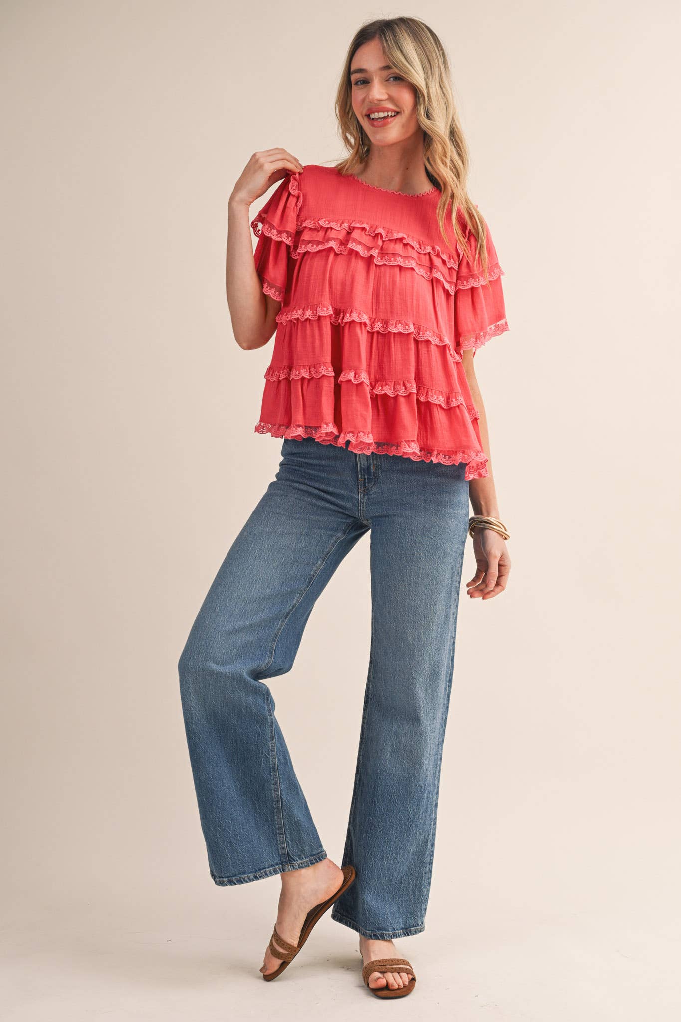 &MERCI - TIERED RUFFLE LACE TRIM SWING TOP Black
