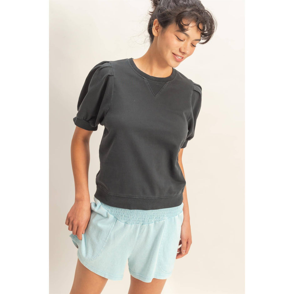 Double Zero - Puff Sleeve V-Stitch Crew Neck Top