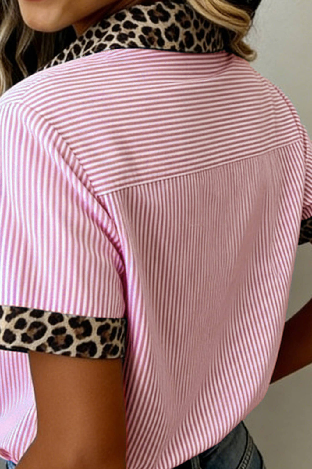 66DISCO - Leopard Trim Striped Button-Down Short Sleeve Shirt (S-XL)