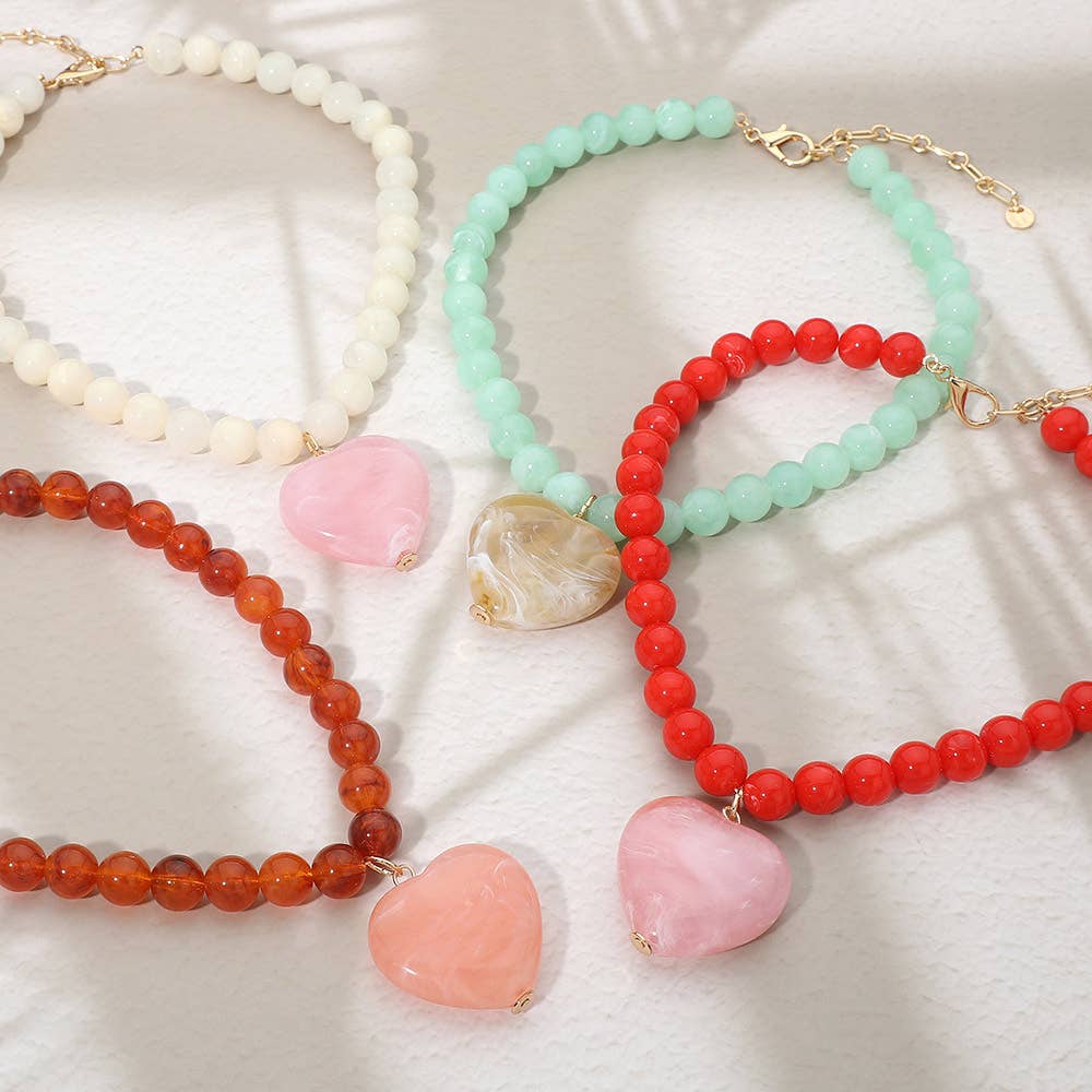 Sensibling Corp. - Chunky Marbled Resin Heart Charm Beaded Necklace