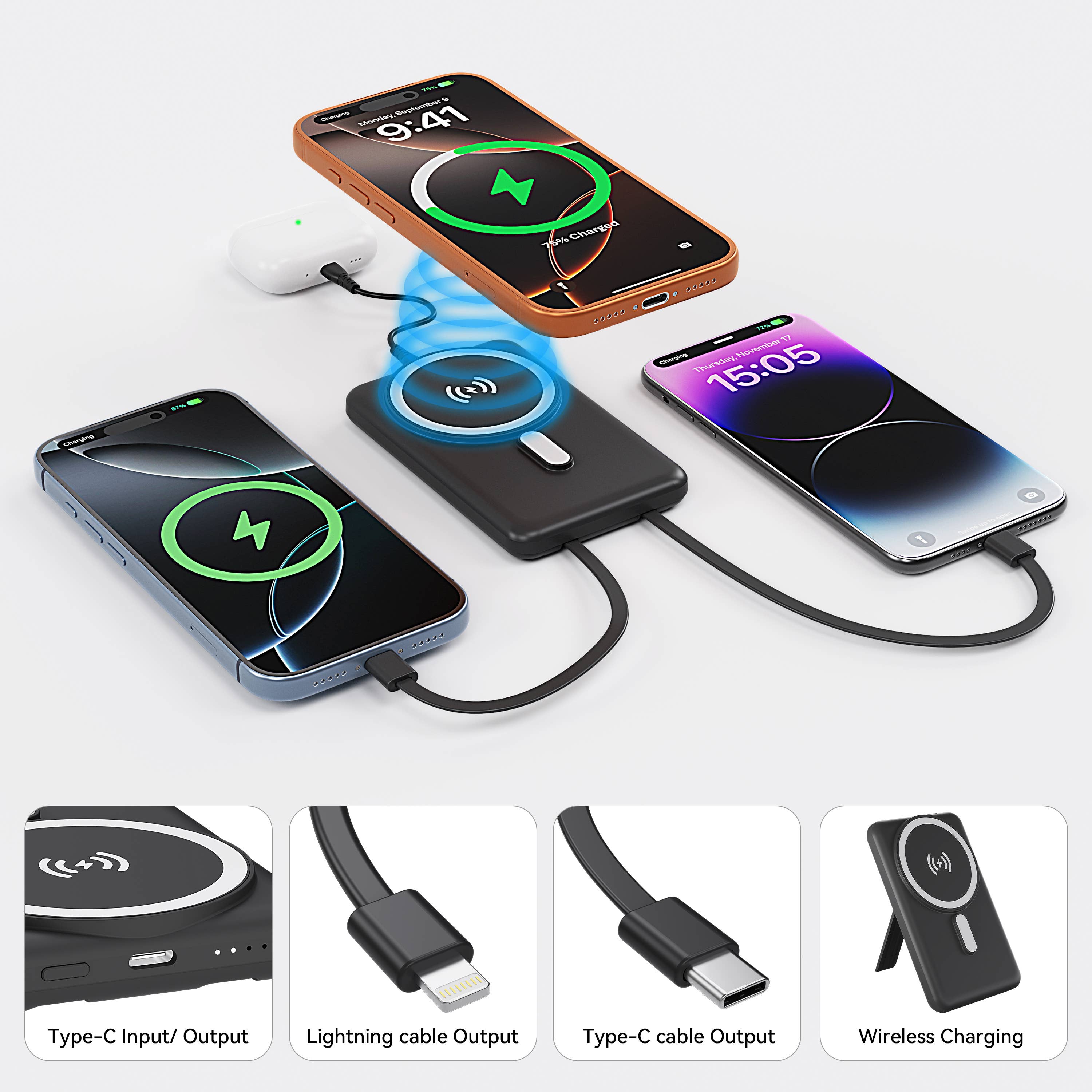 LAX Gadgets - Magnetic 7200mAh Rapid-Charge Power Bank with Built-In Cable