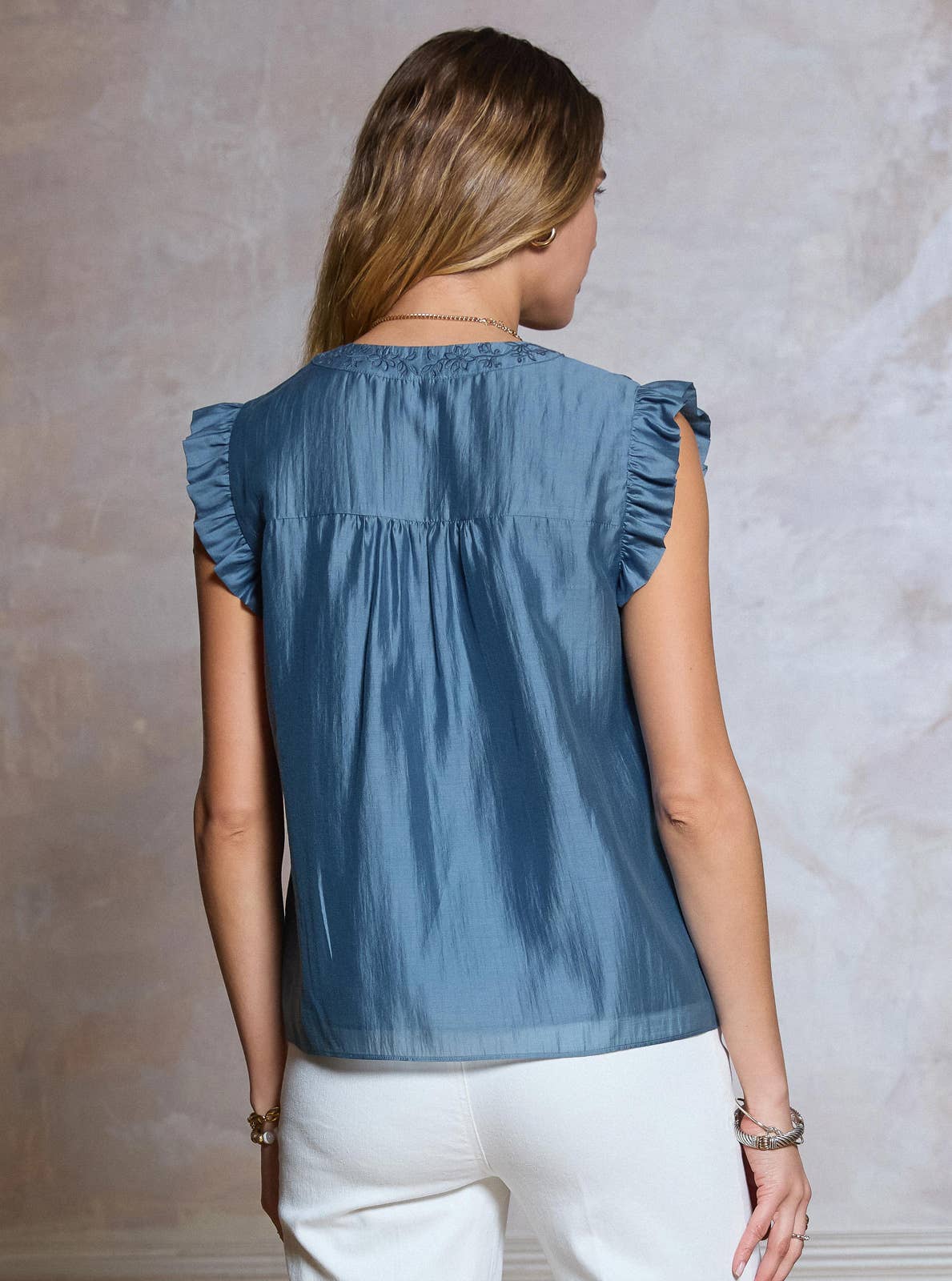 Current Air - Embroidered Ruffled Short Sleeve Blouse