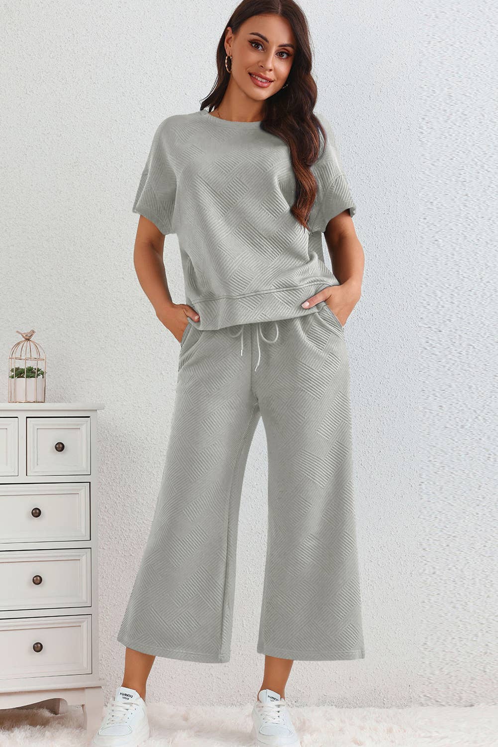LA Society - LAS Textured Loose T Shirt and Drawstring Pants Set