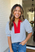 LA Society - LAS Stripe Color Block Polo Collar Blouse (S-XL)