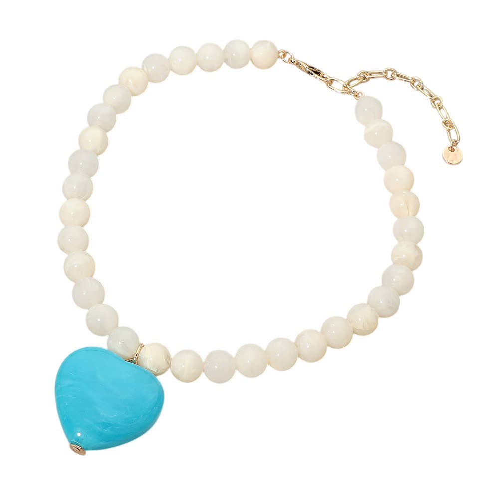 Sensibling Corp. - Chunky Marbled Resin Heart Charm Beaded Necklace