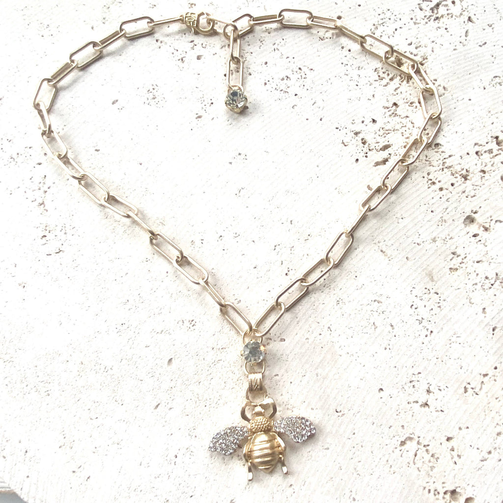 VB&CO Designs Handmade Jewelry - Bee Crystal Necklace Matte Gold