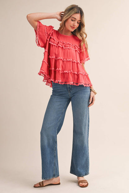 &MERCI - TIERED RUFFLE LACE TRIM SWING TOP Black