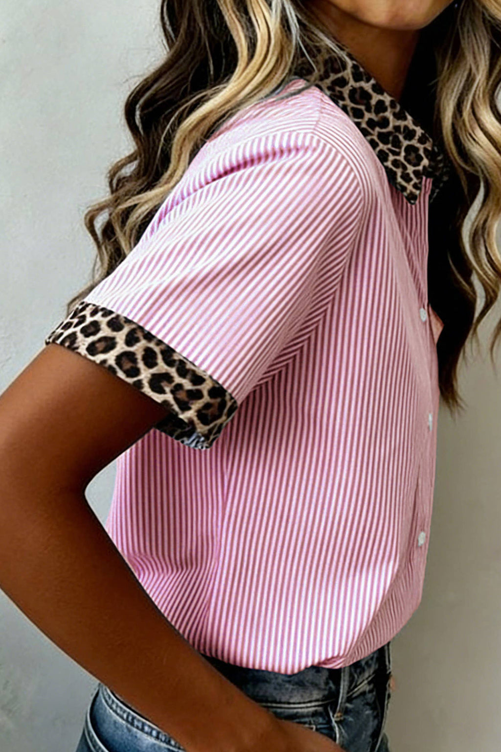 66DISCO - Leopard Trim Striped Button-Down Short Sleeve Shirt (S-XL)