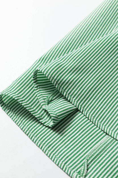 66DISCO - Striped Print Collared Split Neck Half Sleeve Blouse (S-4X)