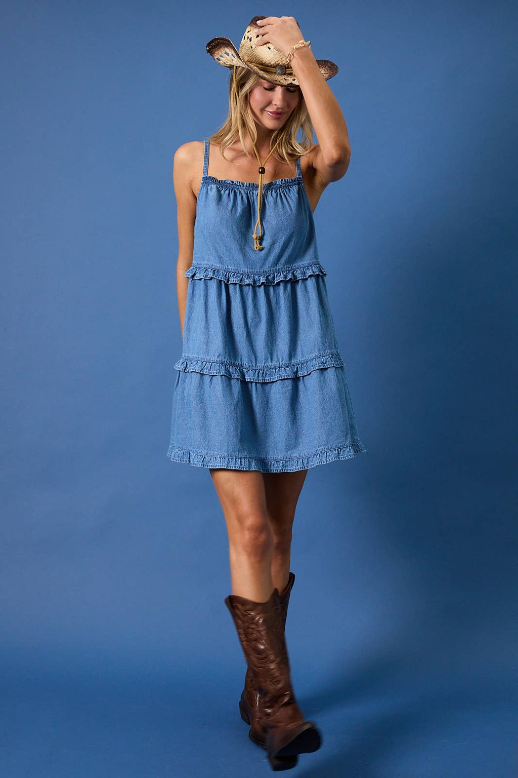 Sunday Edition by LE LIS - SLEEVELESS RUFFLE DETAIL DENIM MINI DRESS