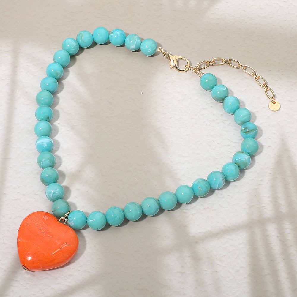 Sensibling Corp. - Chunky Marbled Resin Heart Charm Beaded Necklace