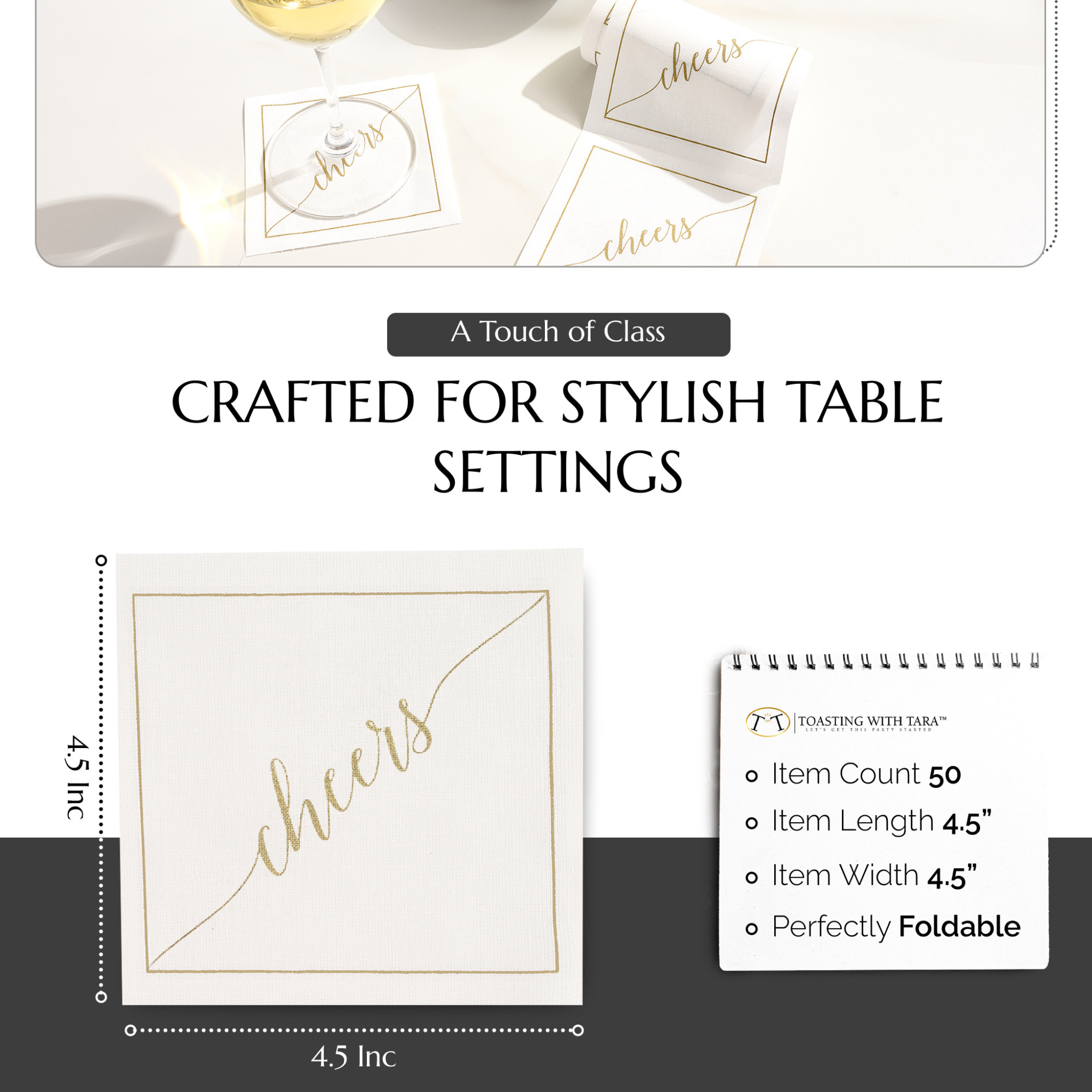 Table Theory (Formerly Toasting with Tara) - Cotton Cocktail Napkin Roll: Golden Salute (Gold "Cheers")
