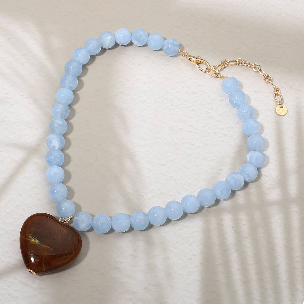 Sensibling Corp. - Chunky Marbled Resin Heart Charm Beaded Necklace