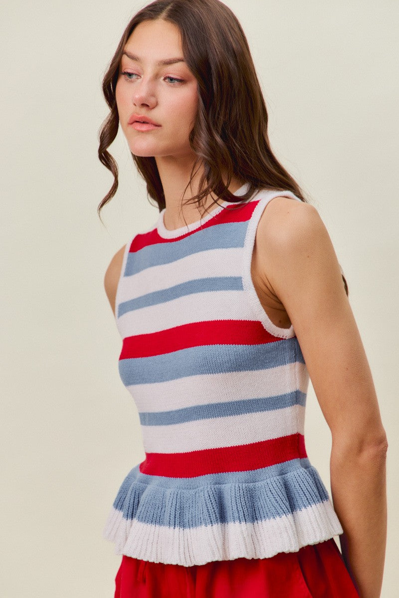 So Me 4th Of July Stripe Ruffle Bottom Sweater Knit Top