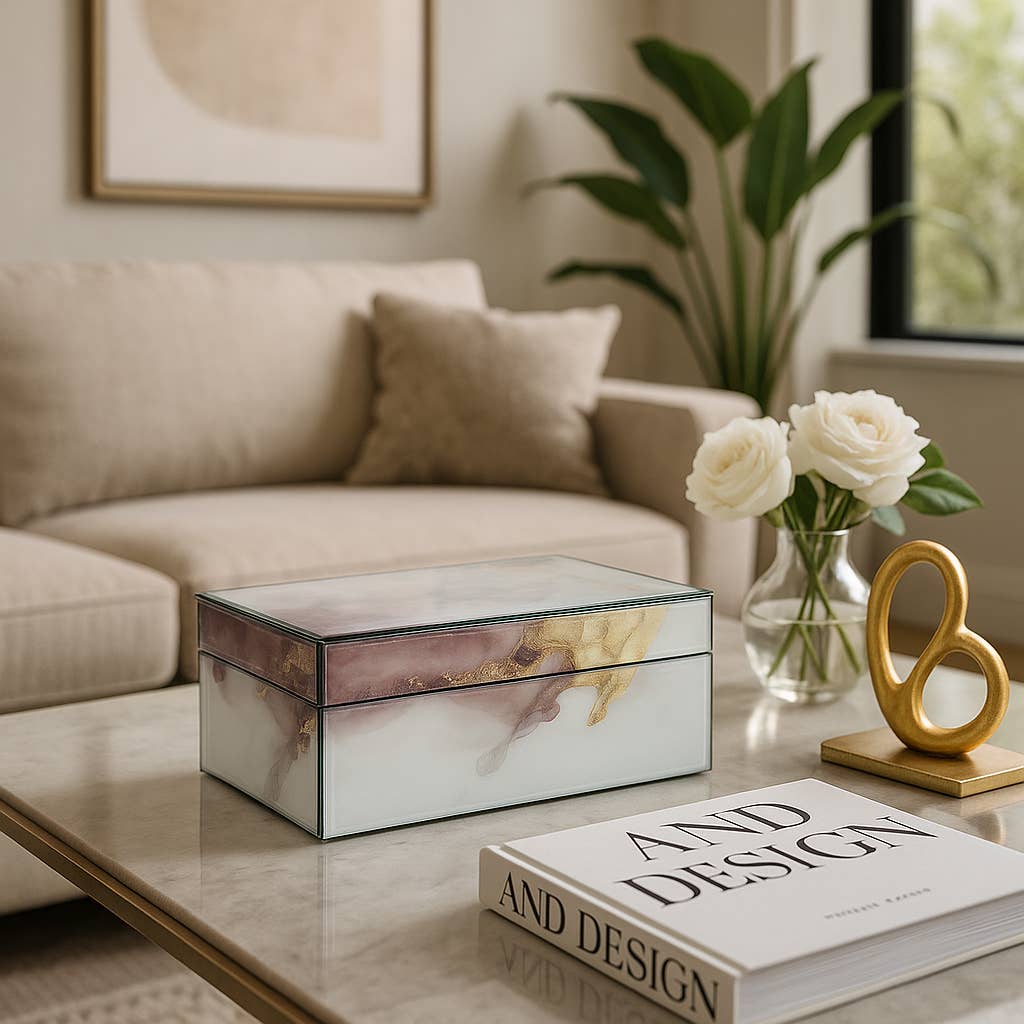 Sagebrook Home - Decorative Box - White/Beige/Gold Wood Abstract, 8x3 in.