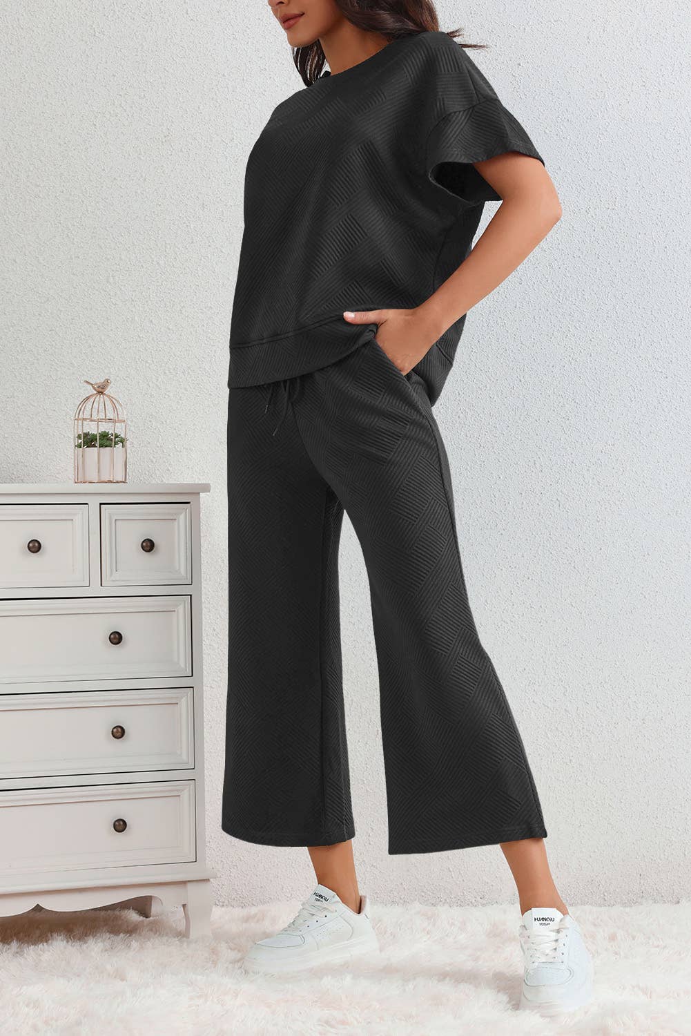 LA Society - LAS Textured Loose T Shirt and Drawstring Pants Set