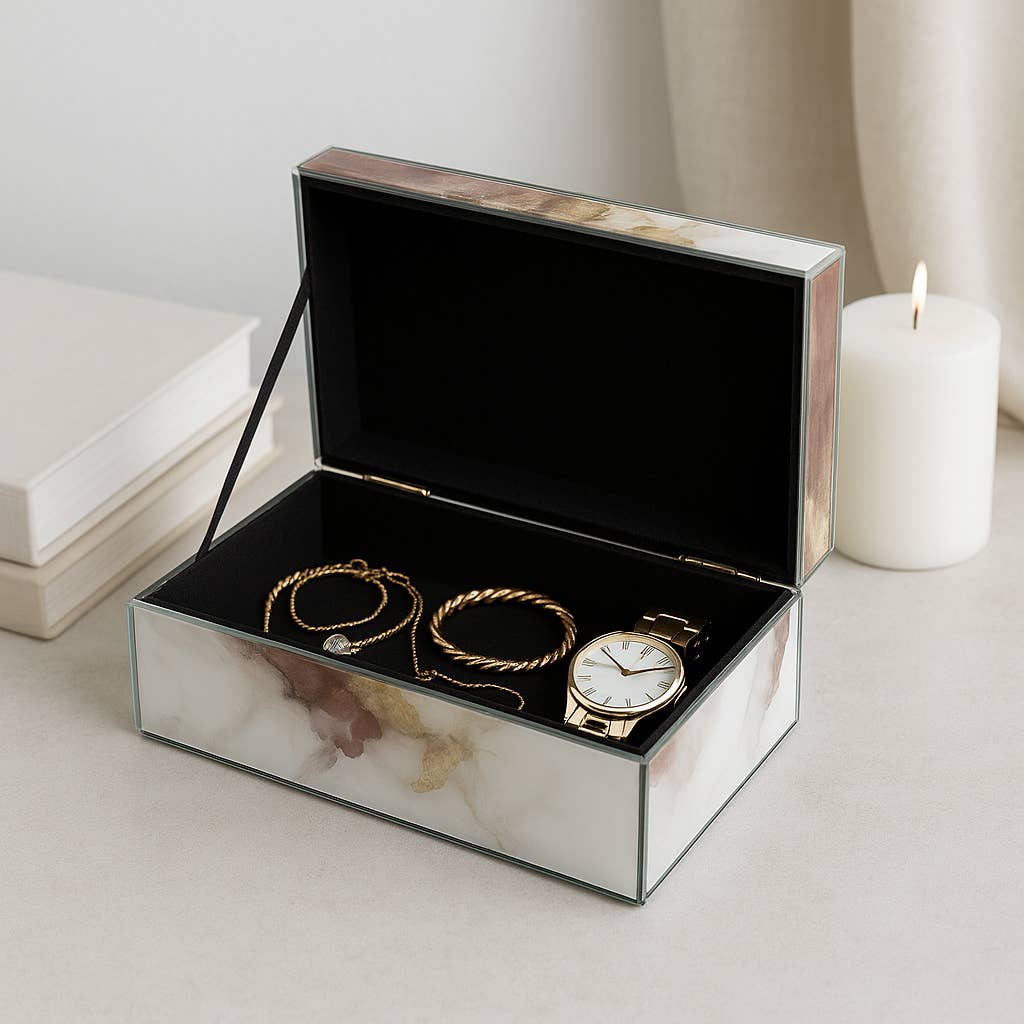 Sagebrook Home - Decorative Box - White/Beige/Gold Wood Abstract, 8x3 in.
