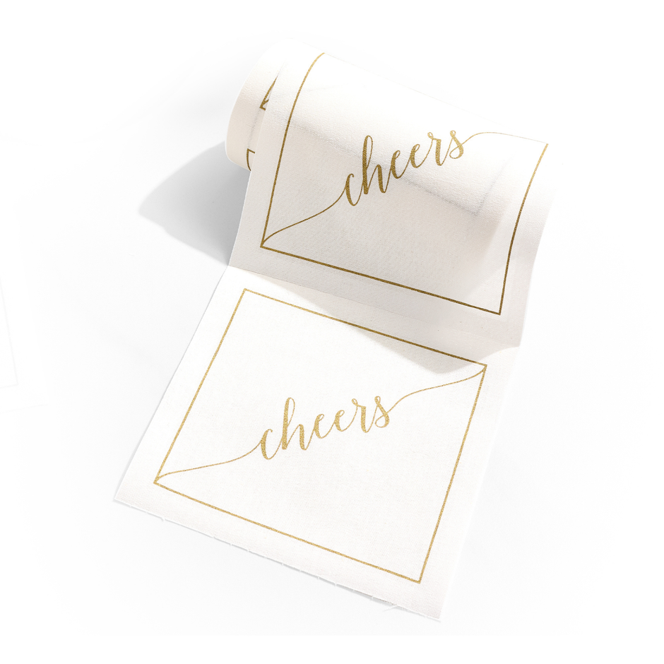 Table Theory (Formerly Toasting with Tara) - Cotton Cocktail Napkin Roll: Golden Salute (Gold "Cheers")