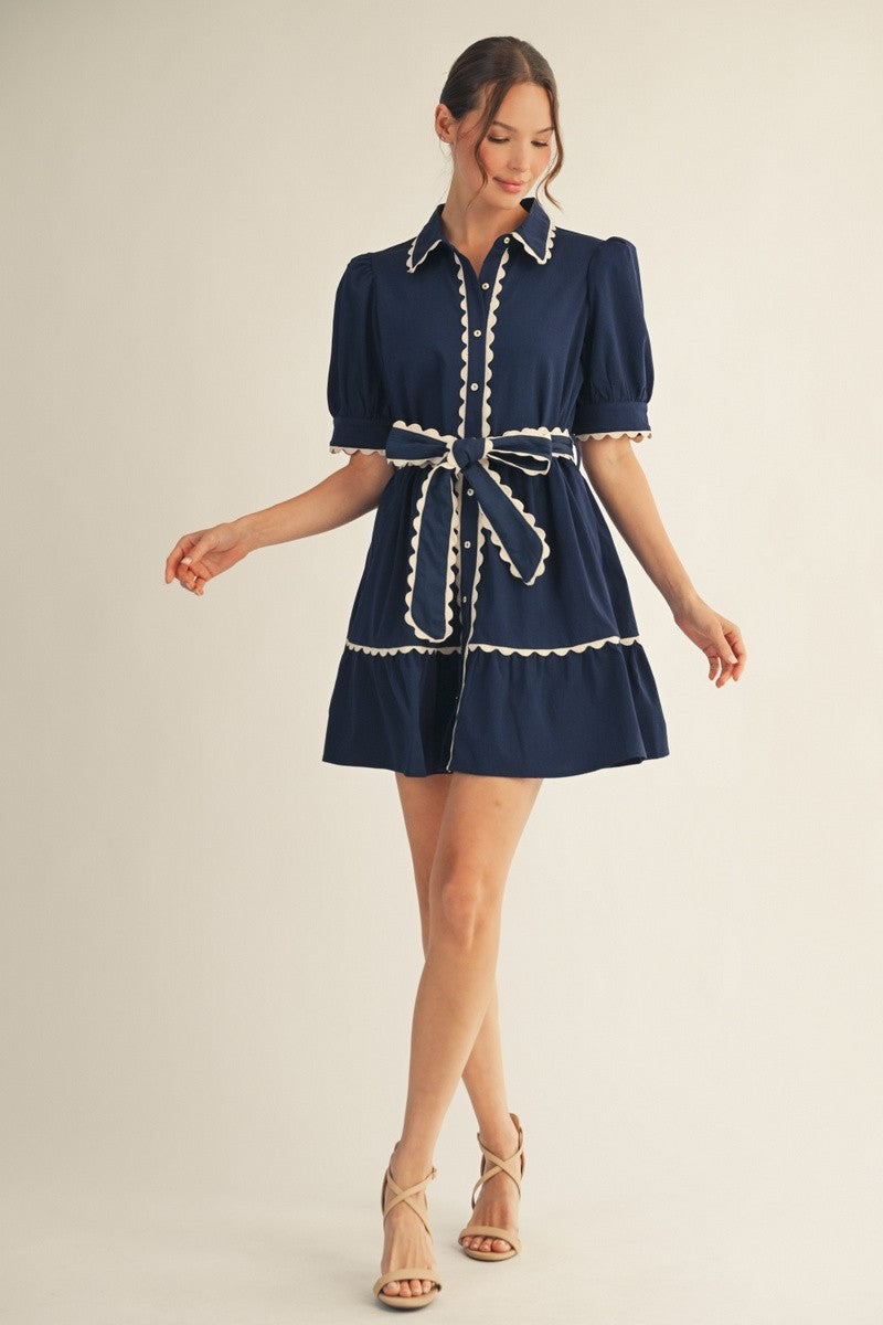 Jodifl Navy Scallop Trim Button Down Babydoll Dress
