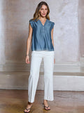 Current Air - Embroidered Ruffled Short Sleeve Blouse