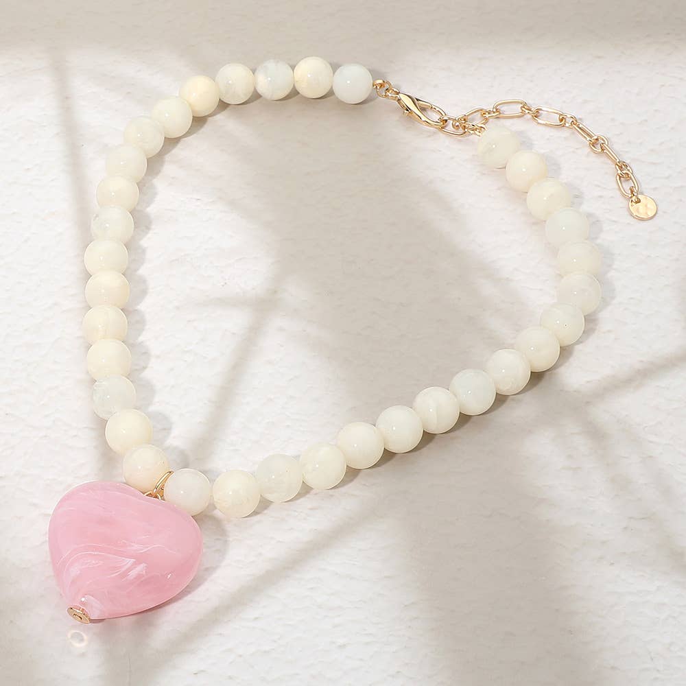 Sensibling Corp. - Chunky Marbled Resin Heart Charm Beaded Necklace