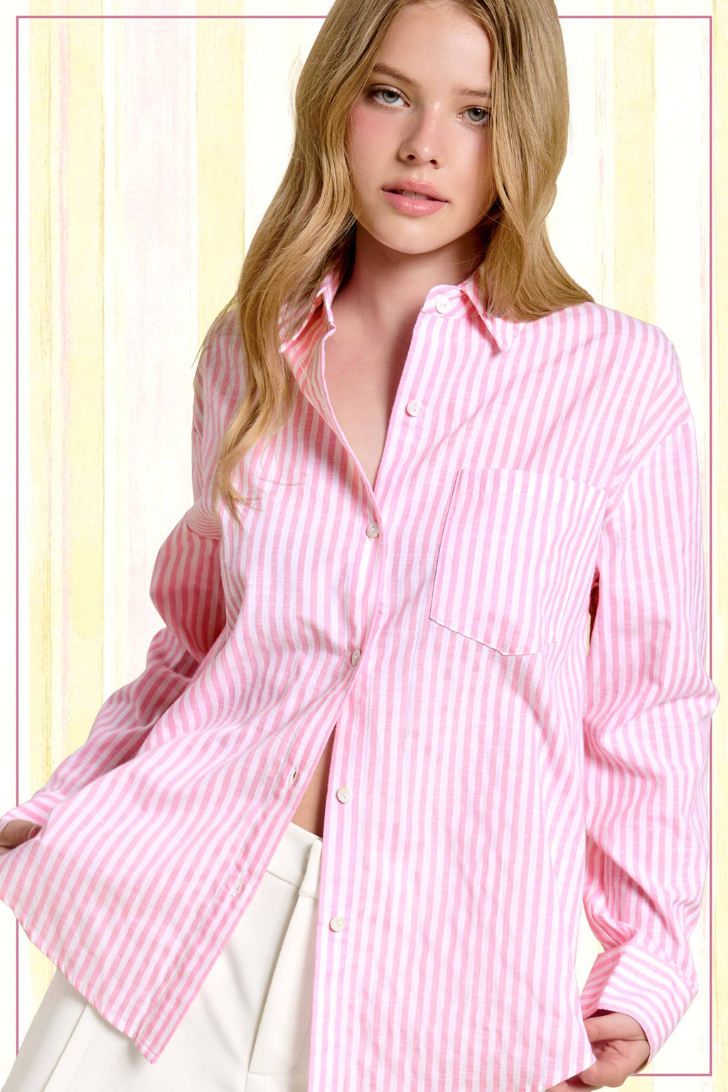 La Miel - SRT7903-Collared Contrast Stripe Button Down Shirt