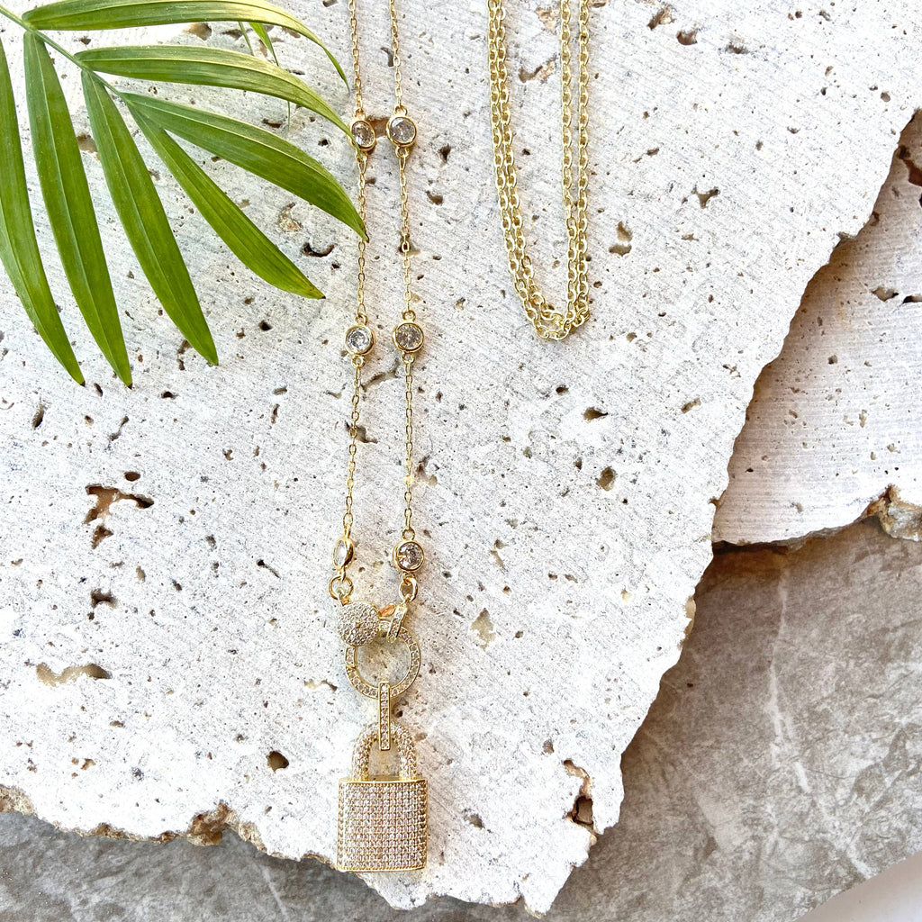 VB&CO Designs Handmade Jewelry - Gold lock necklace Crystal