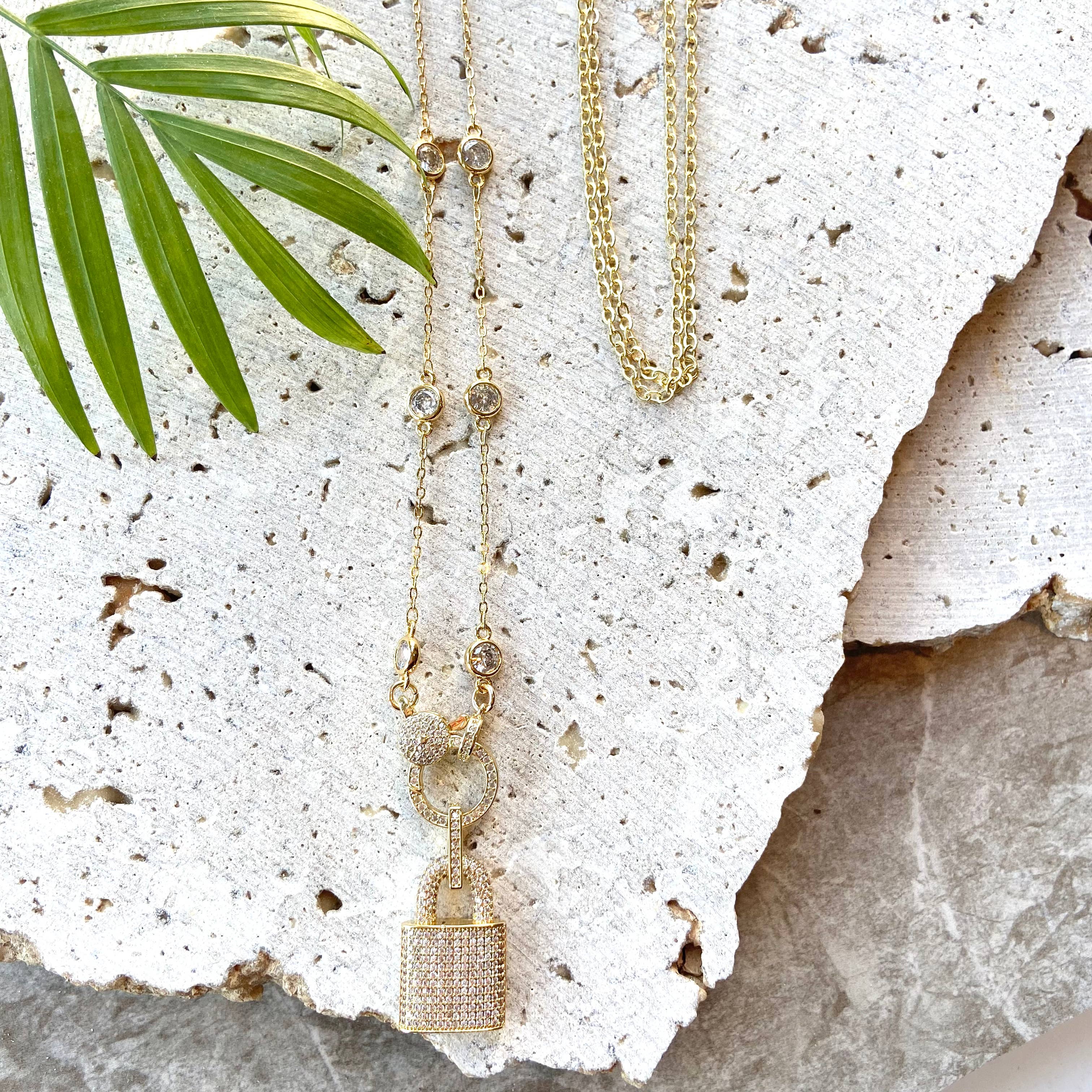 VB&CO Designs Handmade Jewelry - Gold lock necklace Crystal