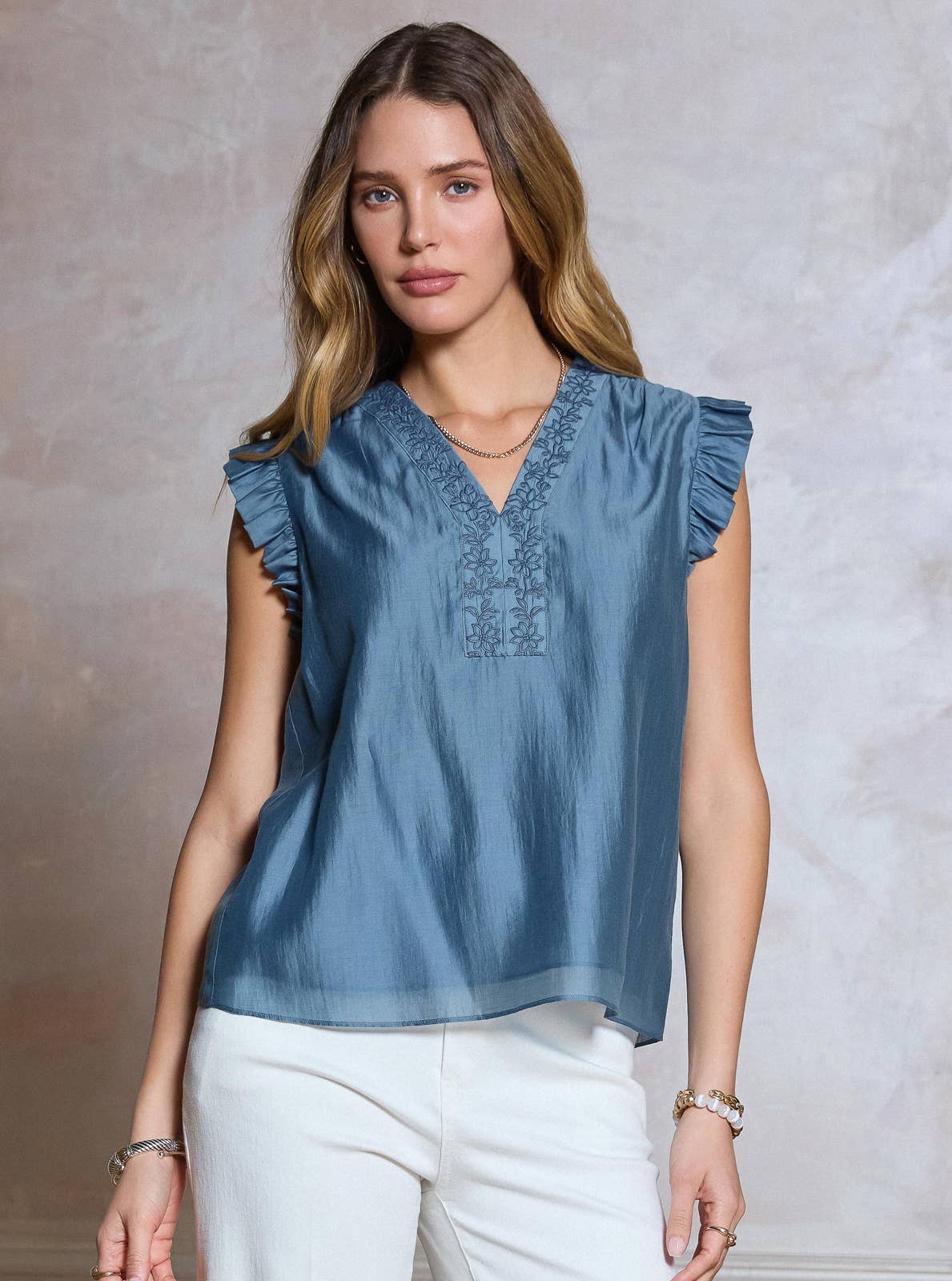 Current Air - Embroidered Ruffled Short Sleeve Blouse
