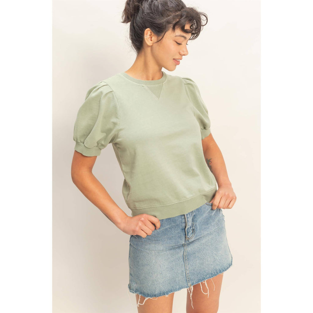 Double Zero - Puff Sleeve V-Stitch Crew Neck Top