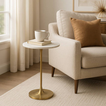 Sagebrook Home - End Table - Gold/White Marble Top Metal Round Base, 24 in.