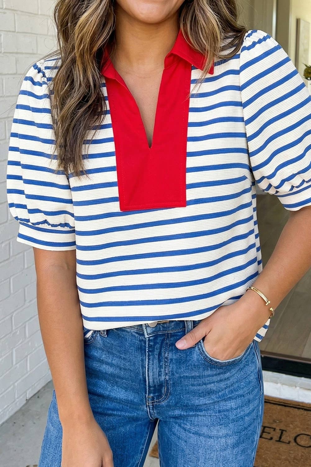 LA Society - LAS Stripe Color Block Polo Collar Blouse (S-XL)