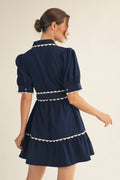 Jodifl Navy Scallop Trim Button Down Babydoll Dress